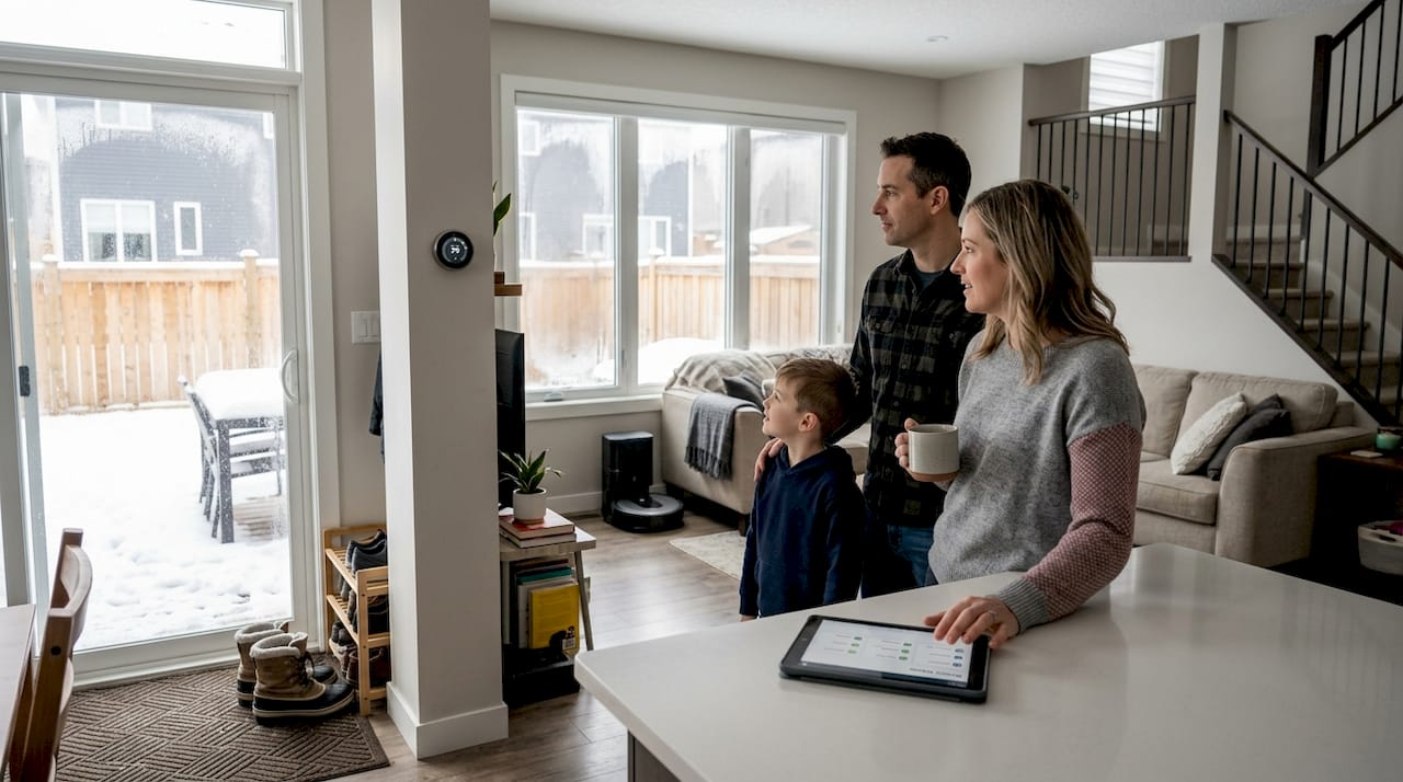 Family using smart home devices in winter