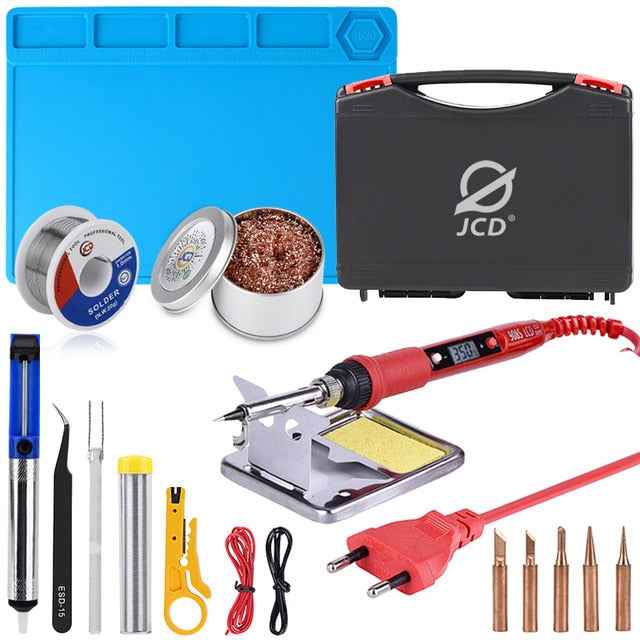 JCD soldering iron Plastic box set temperature adjustable 220V 80W Welding rework tools kit with ESD Heat Insulation Working Mat|Electric Soldering Irons