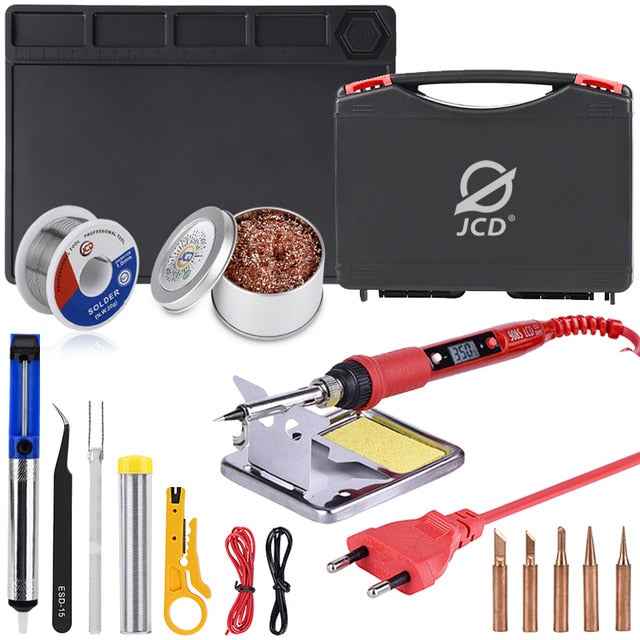 JCD soldering iron Plastic box set temperature adjustable 220V 80W Welding rework tools kit with ESD Heat Insulation Working Mat|Electric Soldering Irons