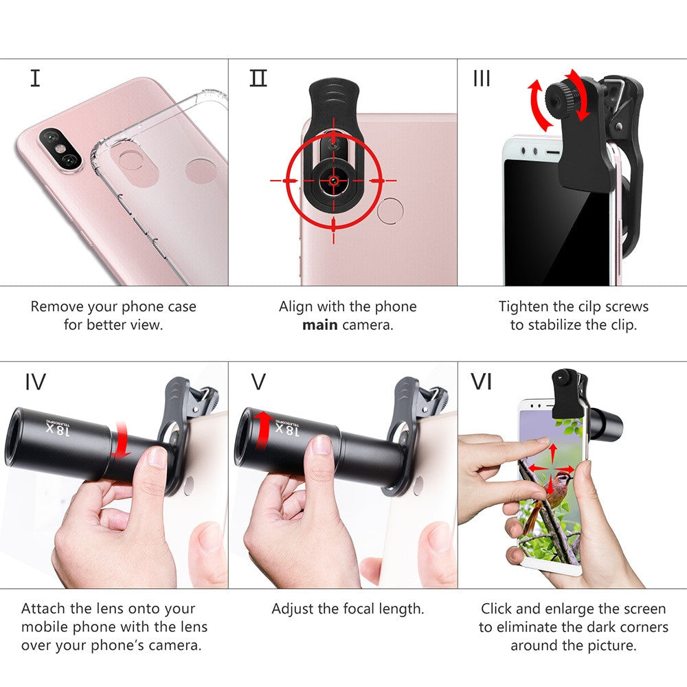 18X Zoom Telephoto Lens with Travel Case Aluminum HD Monocular Telescope Phone Camera Lens for iPhone Samsung Smartphone Mobile|Mobile Phone Lens - Frontier General Hardware