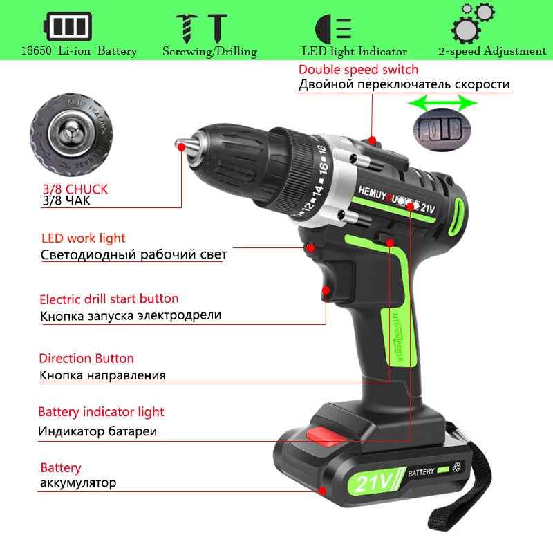 21V Screwdriver cordless Electric Drill Mini Wireless Power Drill Lithium Ion Battery Screwdriver Power Tools 3/8 In Chuck|Electric Drills