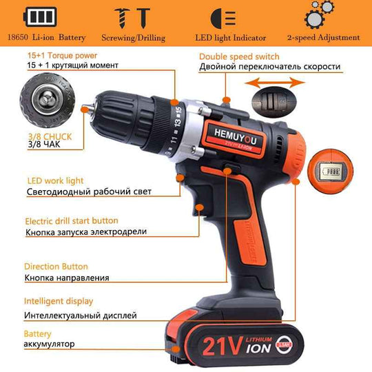 21V Screwdriver cordless Electric Drill Mini Wireless Power Drill Lithium Ion Battery Screwdriver Power Tools 3/8 In Chuck|Electric Drills