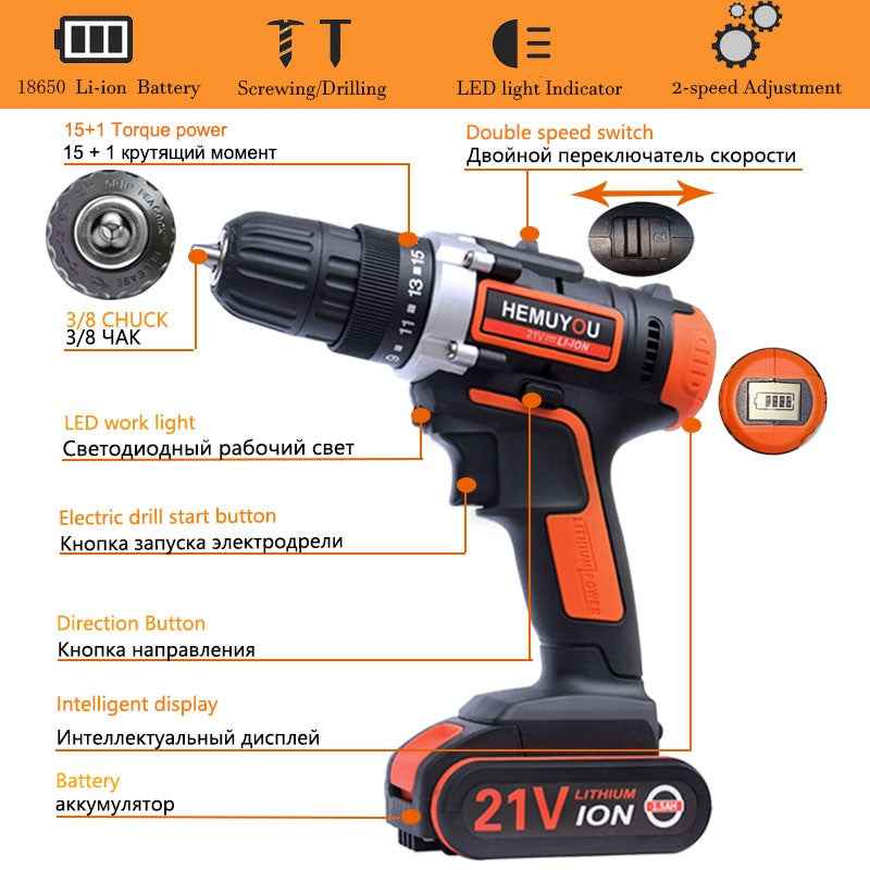 21V Screwdriver cordless Electric Drill Mini Wireless Power Drill Lithium Ion Battery Screwdriver Power Tools 3/8 In Chuck|Electric Drills