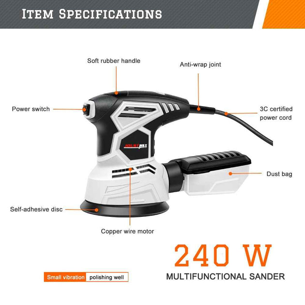 240W Random Orbital Electric Sander with 15 Sheets of sandpaper Dust exhaust and Hybrid dust canister Electric Sander|Sanders