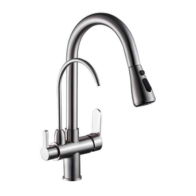 Deck Mounted Black Kitchen Faucets Pull Out Hot Cold Water Filter Tap for Kitchen Three Ways Sink Mixer Kitchen Faucet ELK9139B|Kitchen Faucets