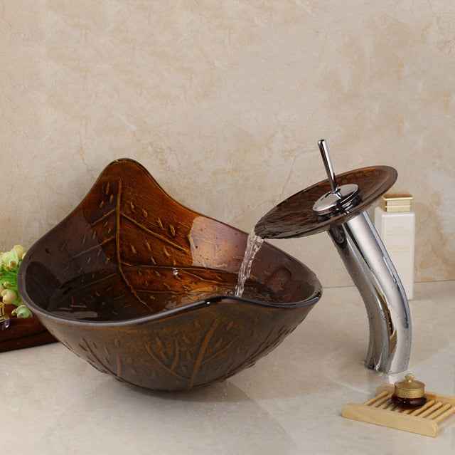 KEMAIDI Waterfall Faucet Tempered Glass Bathroom Sink Set Retro Style Glass Bowl Bathroom Sink Leaf Art Wash Basin With Drain|Bathroom Sinks