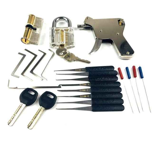Locksmith Lock Gun with Transparent Practice Locks Broken Key Extractor Pick Tool Set
