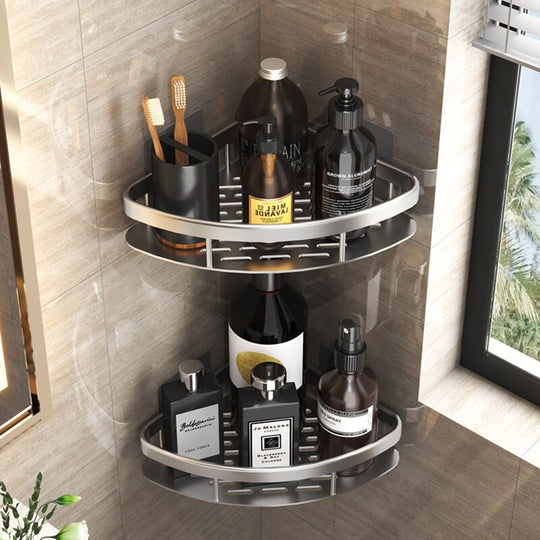 Bathroom Corner Shelf Makeup Storage Organizer Space Aluminum No Drill Wall Shelf With Square And Triangle Baskets Frontier General Hardware