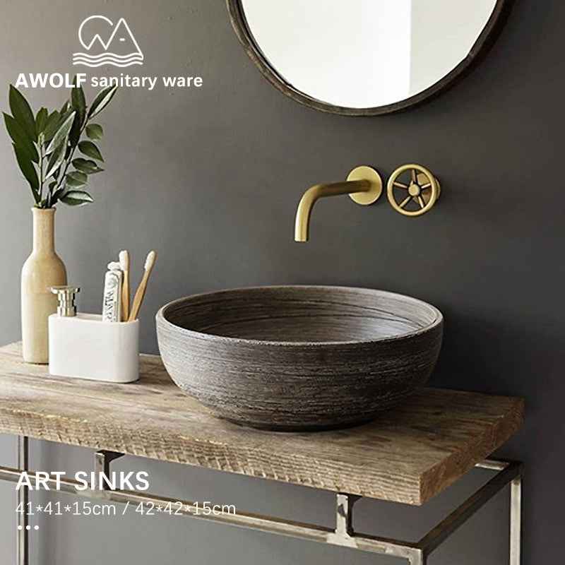 Bathroom Sinks Art Ceramic Vessel Imitation stone Washing Basin Bowl For Bathroom Or Balcony Restoring Ancient Ways Sink AM855|Bathroom Sinks