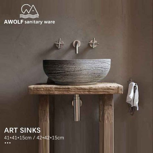 Bathroom Sinks Art Ceramic Vessel Imitation stone Washing Basin Bowl For Bathroom Or Balcony Restoring Ancient Ways Sink AM855|Bathroom Sinks
