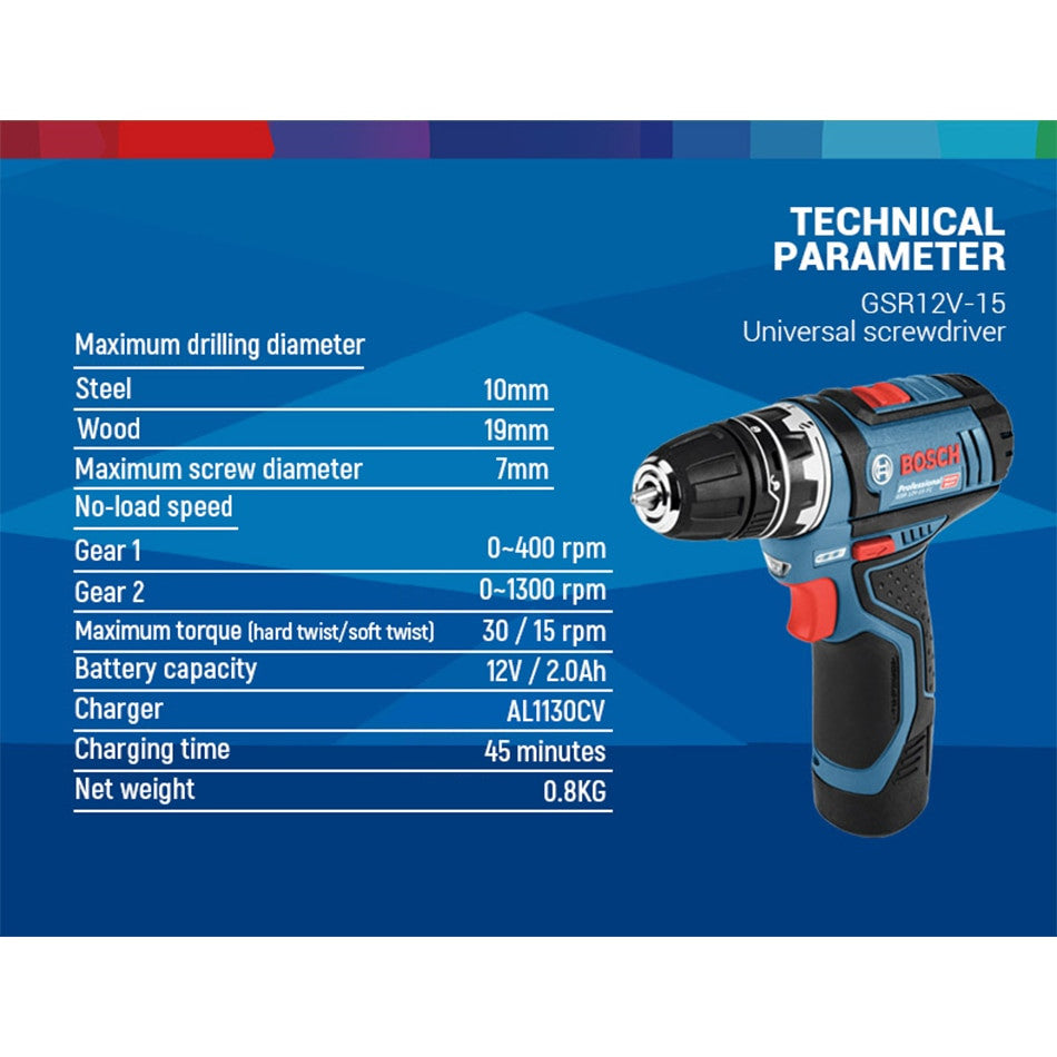 Bosch GSR12V Cordless Drill Electric Drill Wireless Power Driver Lithium Ion Battery Screwdriver Drilling Machine With LED Ligh|Electric Drills - Frontier General Hardware