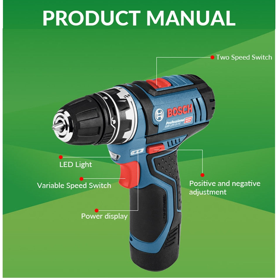 Bosch GSR12V Cordless Drill Electric Drill Wireless Power Driver Lithium Ion Battery Screwdriver Drilling Machine With LED Ligh|Electric Drills - Frontier General Hardware