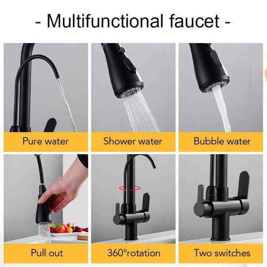 Deck Mounted Black Kitchen Faucets Pull Out Hot Cold Water Filter Tap for Kitchen Three Ways Sink Mixer Kitchen Faucet ELK9139B|Kitchen Faucets