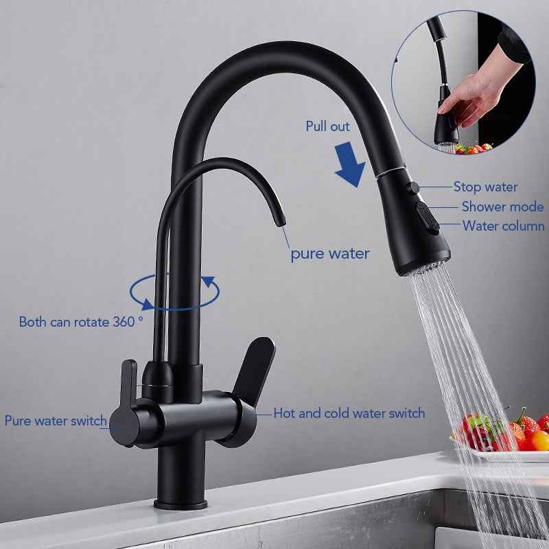 Deck Mounted Black Kitchen Faucets Pull Out Hot Cold Water Filter Tap for Kitchen Three Ways Sink Mixer Kitchen Faucet ELK9139B|Kitchen Faucets