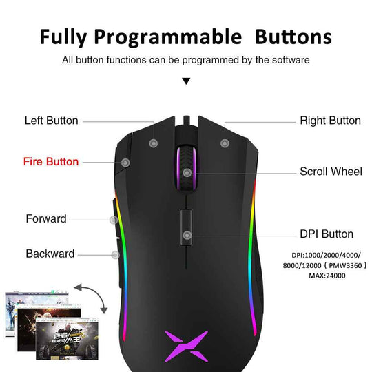 Delux M625 RGB Backlight Gaming Mouse 12000 DPI 12000 FPS 7 Programmable Buttons Optical USB Wired Mice For Computer FPS Gamer|wired mice|12000 dpimouse 12000 dpi