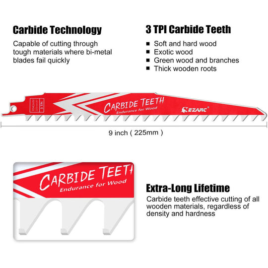 EZARC Carbide Reciprocating Saw Blades Endurance R1243HM For Hard Wood 9 Inch And 12 Inch 3TPI 3 Pack Frontier General Hardware