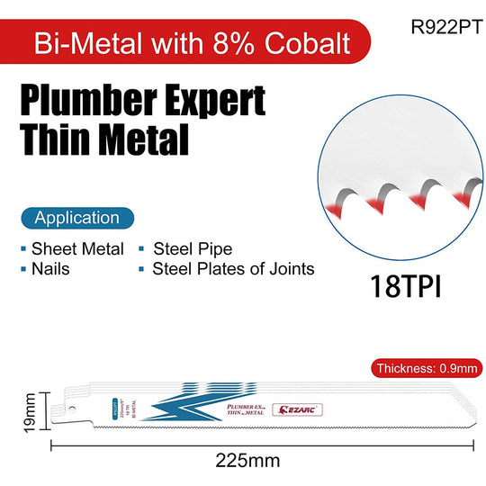 EZARC 5 Pcs Reciprocating Saw Blades Bi Metal Cobalt for Thin Metal Cutting 6 Inch and 9 Inch R622PT R922PT 18 TPI Frontier General Hardware