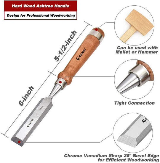EZARC 6pcs Wood Chisel Set for Woodworking CRV Steel with Walnut Handle in Wooden Premium Box Frontier General Hardware