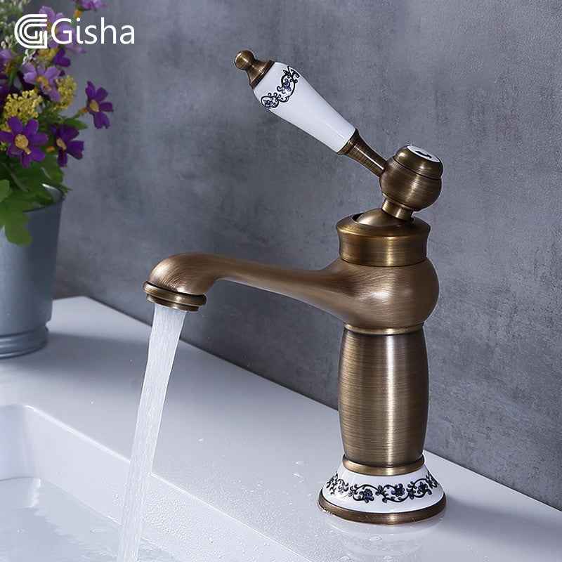 Gisha Bathroom Sink Basin Faucets Contemporary Antique Brass Faucet Mixer Water Tap Rotate Single Handle Hot And Cold Crane|Basin Faucets