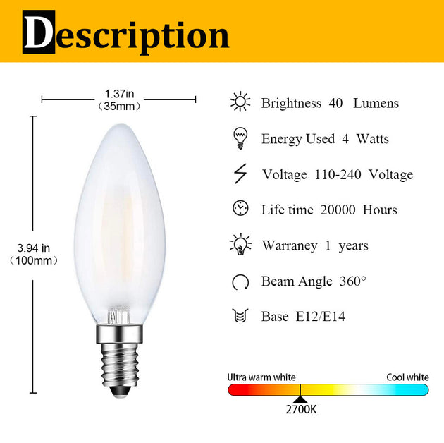 LED Candle Filament Bulb 4W 6W C35 Frosted E12 E14 Dimmable Edison Screw Warm White 2700K Chandelier Lighting Frontier General Hardware