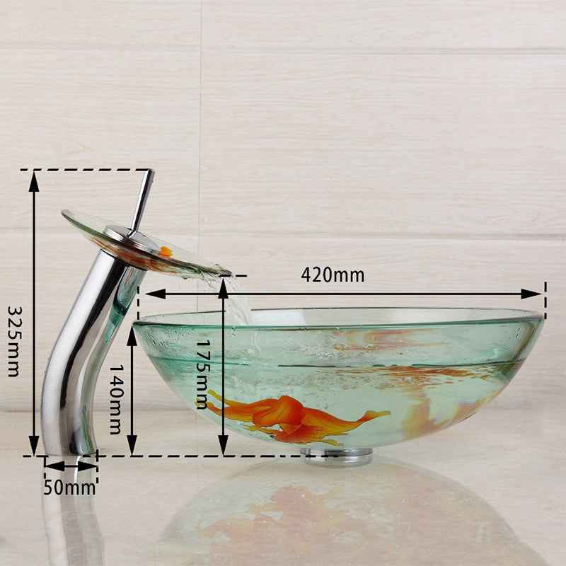 KEMAIDI Modern Bathroom Glass Golden Fish Painted Vessel Sink Faucet & Pop up Drain Combo Sink Set Bathroom Sink Accessaries|painted vessel sinks|bathroom sinkvessel sink