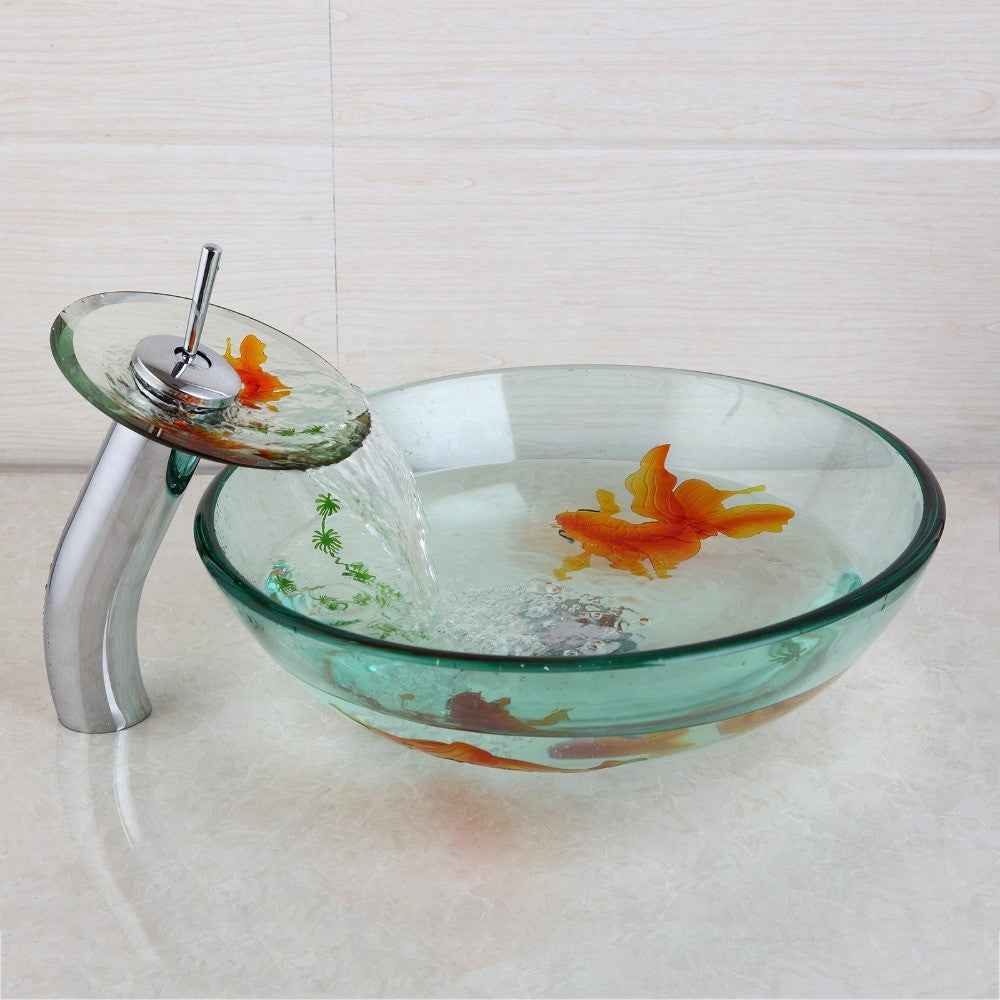 KEMAIDI Modern Bathroom Glass Golden Fish Painted Vessel Sink Faucet & Pop up Drain Combo Sink Set Bathroom Sink Accessaries|painted vessel sinks|bathroom sinkvessel sink