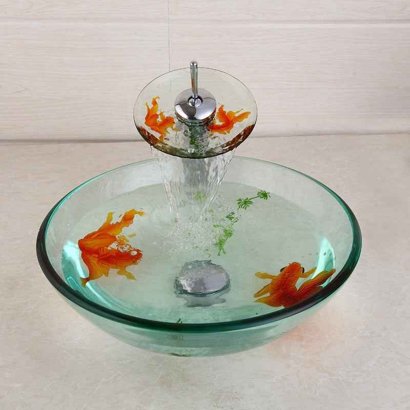 KEMAIDI Modern Bathroom Glass Golden Fish Painted Vessel Sink Faucet & Pop up Drain Combo Sink Set Bathroom Sink Accessaries|painted vessel sinks|bathroom sinkvessel sink