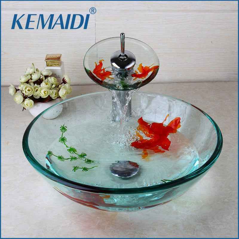 KEMAIDI Modern Bathroom Glass Golden Fish Painted Vessel Sink Faucet & Pop up Drain Combo Sink Set Bathroom Sink Accessaries|painted vessel sinks|bathroom sinkvessel sink