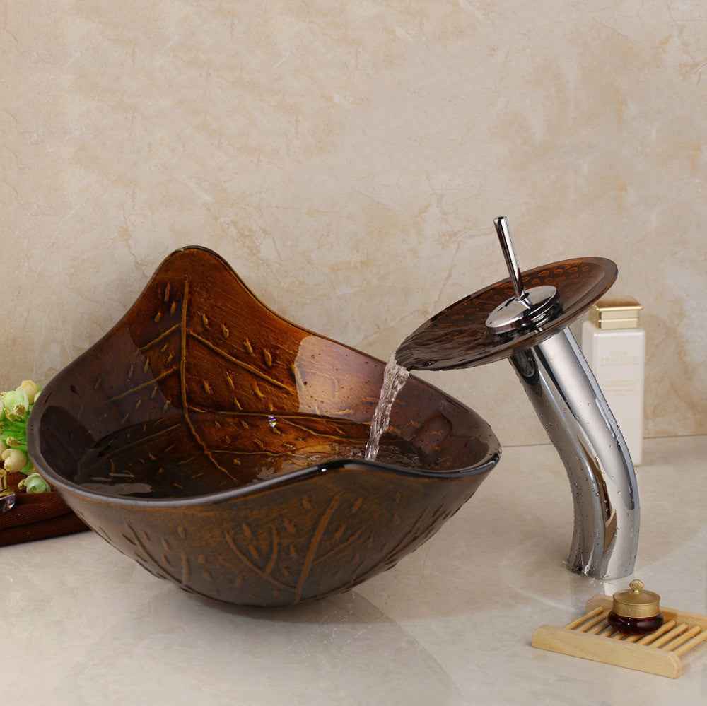 KEMAIDI Waterfall Faucet Tempered Glass Bathroom Sink Set Retro Style Glass Bowl Bathroom Sink Leaf Art Wash Basin With Drain|Bathroom Sinks