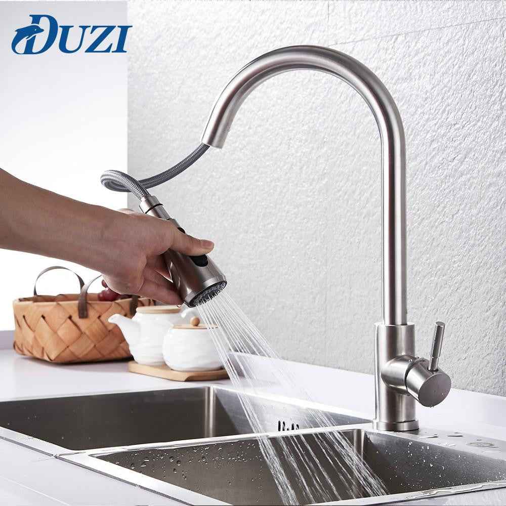 Kitchen Faucet Pull Down Single Handle Spring Kitchen Mixer Sink Faucet Nickel Brushed Stainless Steel Hot & Cold Water Taps|Kitchen Faucets