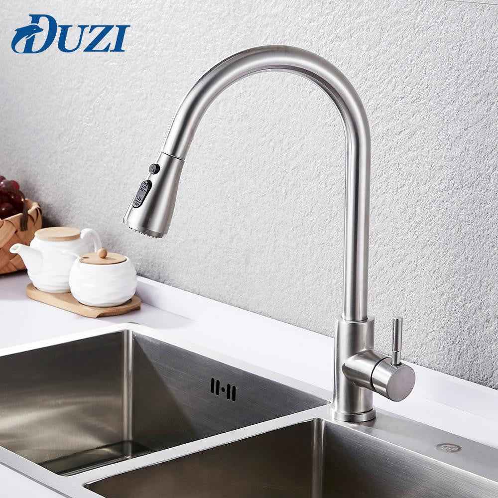 Kitchen Faucet Pull Down Single Handle Spring Kitchen Mixer Sink Faucet Nickel Brushed Stainless Steel Hot & Cold Water Taps|Kitchen Faucets