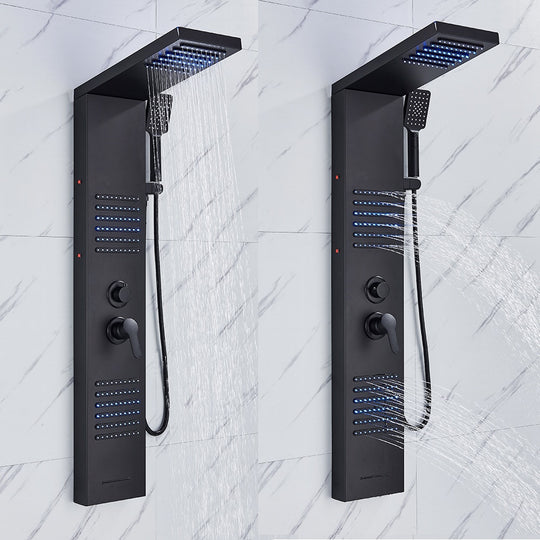 Matte Black LED Shower Panel Tower With Rainfall Waterfall Jets Massage Spa Faucet Set Double Handle Mixer Wall Mounted Frontier General Hardware