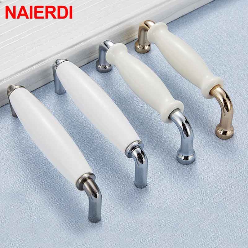 NAIERDI Modern Ceramic Cabinet Handles Zinc Alloy Drawer Knobs Bright Chrome Wardrobe Door Handles Furniture Handle 96mm/128mm|Cabinet Pulls