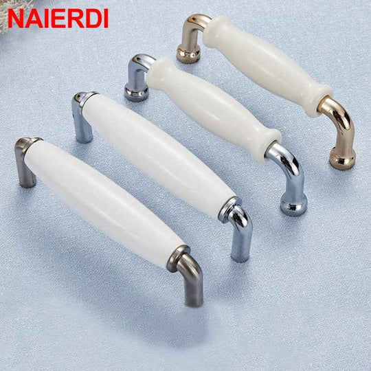 NAIERDI Modern Ceramic Cabinet Handles Zinc Alloy Drawer Knobs Bright Chrome Wardrobe Door Handles Furniture Handle 96mm/128mm|Cabinet Pulls