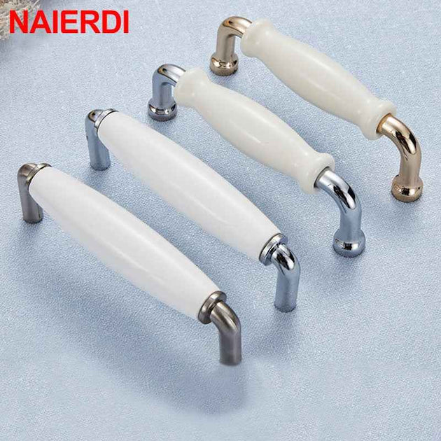 NAIERDI Modern Ceramic Cabinet Handles Zinc Alloy Drawer Knobs Bright Chrome Wardrobe Door Handles Furniture Handle 96mm/128mm|Cabinet Pulls