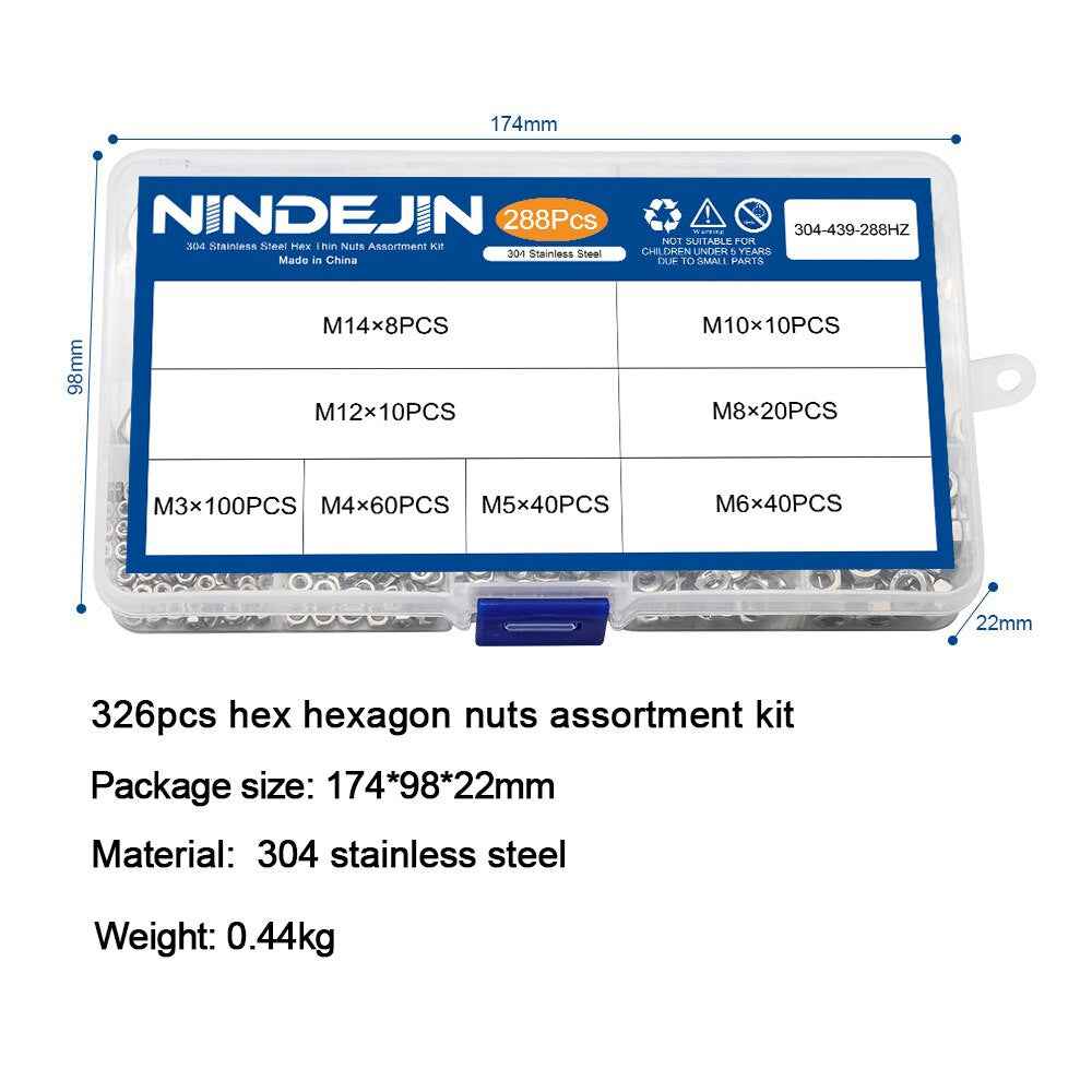 NINDEJIN 288pcs Hex Hexagon Thin Nuts Assortment Kit M3 M4 M5 M6 M8 M10 M12 304 Stainless Steel Metric DIN439 Hex Thin Nuts Set|Nuts