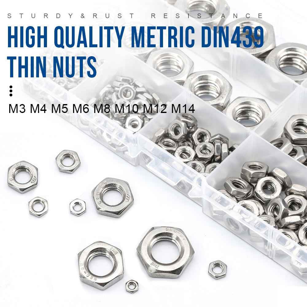 NINDEJIN 288pcs Hex Hexagon Thin Nuts Assortment Kit M3 M4 M5 M6 M8 M10 M12 304 Stainless Steel Metric DIN439 Hex Thin Nuts Set|Nuts