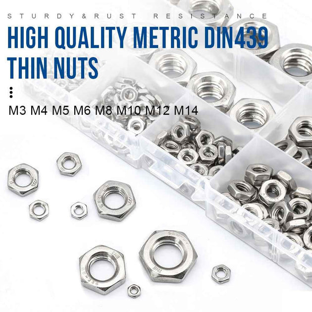 NINDEJIN 288pcs Hex Hexagon Thin Nuts Assortment Kit M3 M4 M5 M6 M8 M10 M12 304 Stainless Steel Metric DIN439 Hex Thin Nuts Set|Nuts