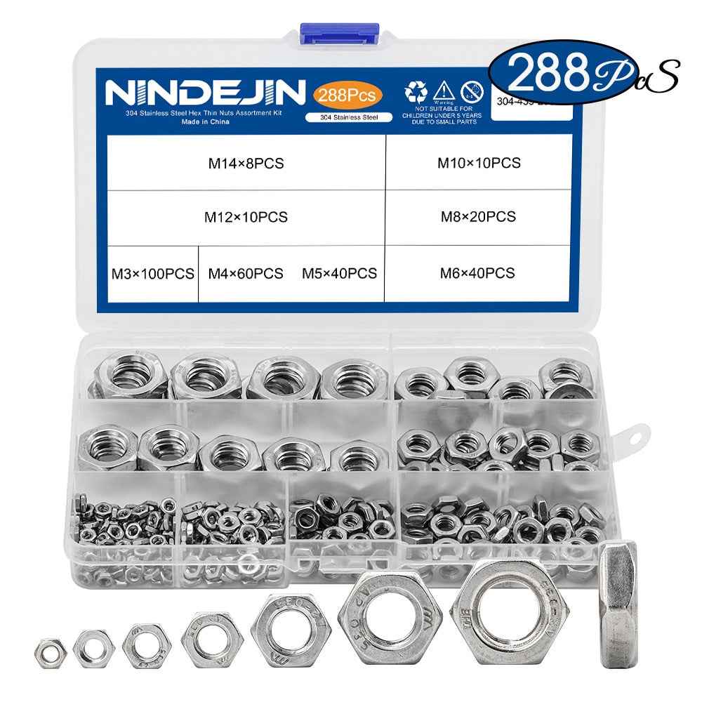NINDEJIN 288pcs Hex Hexagon Thin Nuts Assortment Kit M3 M4 M5 M6 M8 M10 M12 304 Stainless Steel Metric DIN439 Hex Thin Nuts Set|Nuts
