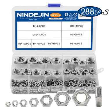 NINDEJIN 288pcs Hex Hexagon Thin Nuts Assortment Kit M3 M4 M5 M6 M8 M10 M12 304 Stainless Steel Metric DIN439 Hex Thin Nuts Set|Nuts