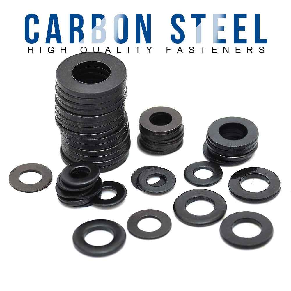 NINDEJIN 500pcs Flat Washer Set m2 m2.5 m3 m4 m5 m6 m8 m10 Carbon Steel Black Gasket Set Plain Washer Assortment Kit Ring|Washers