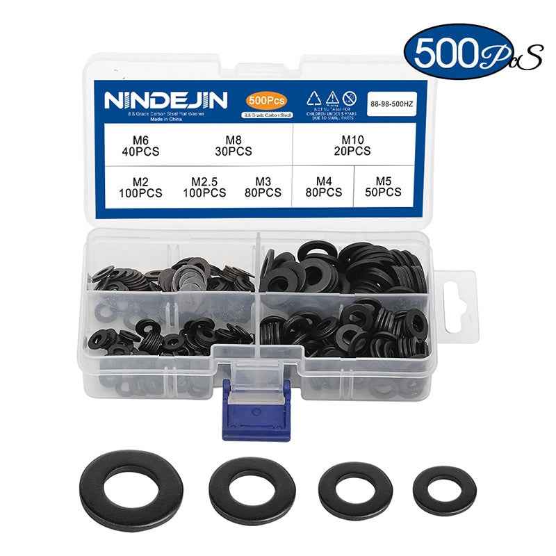 NINDEJIN 500pcs Flat Washer Set m2 m2.5 m3 m4 m5 m6 m8 m10 Carbon Steel Black Gasket Set Plain Washer Assortment Kit Ring|Washers