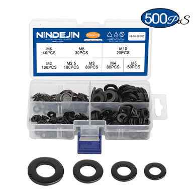 NINDEJIN 500pcs Flat Washer Set m2 m2.5 m3 m4 m5 m6 m8 m10 Carbon Steel Black Gasket Set Plain Washer Assortment Kit Ring|Washers