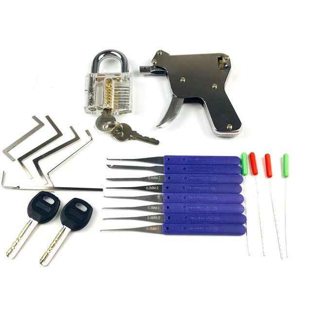 Locksmith Lock Gun with Transparent Practice Locks Broken Key Extractor Pick Tool Set