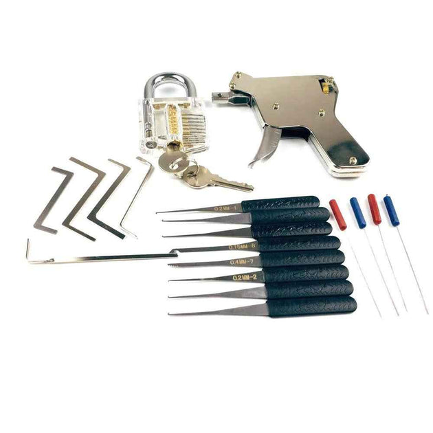 Locksmith Lock Gun with Transparent Practice Locks Broken Key Extractor Pick Tool Set