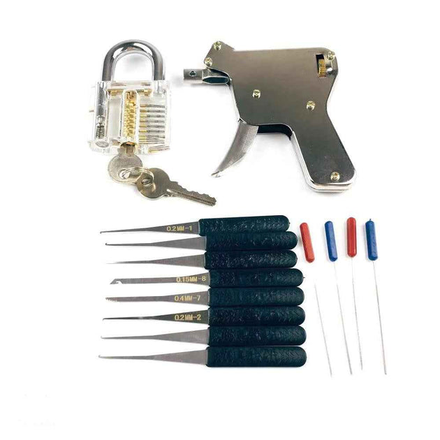 Locksmith Lock Gun with Transparent Practice Locks Broken Key Extractor Pick Tool Set