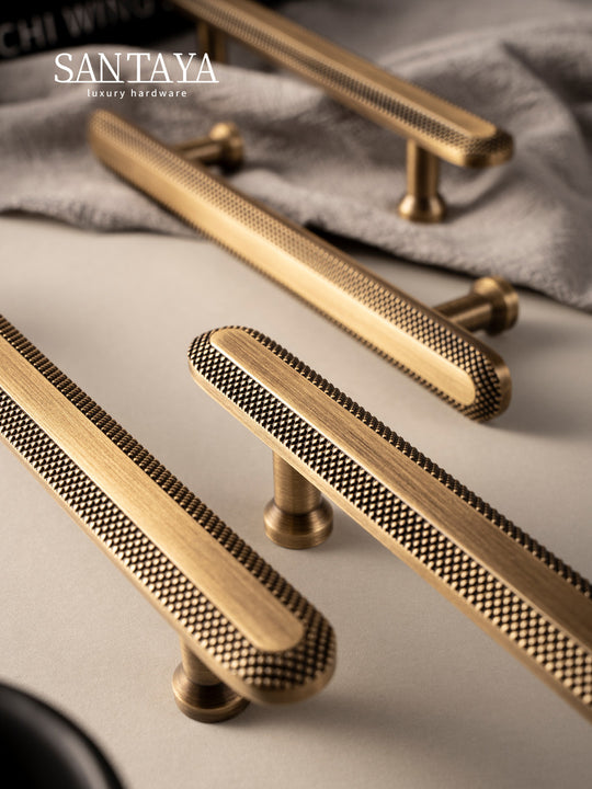Antique Brass Knurled Grid T Bar Kitchen Cabinet Handles 96mm 128mm Hole Spacing Bronze Pulls Frontier General Hardware