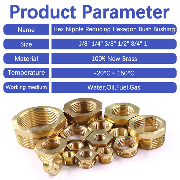 Brass Pipe Fittings Nipple Adapter Set BSP Male To Female Thread Reducing Hex Bushings One Eighth Inch To Two Inches Frontier General Hardware