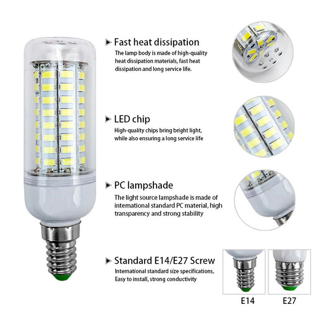 LED Lamp E27 E14 SMD 5730 220V Corn Bulb 24 36 48 56 69 72 LEDs Chandelier Candle Light for Home Decoration Frontier General Hardware