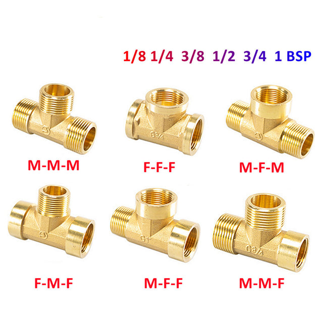 Brass Pneumatic Pipe Fitting BSP Tee Type Male And Female Threads Eighth To Half Inch Copper Water Oil Gas Adapter Frontier General Hardware